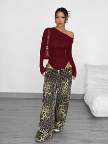 SHEIN EZwear 女士单肩勃艮第酒红色连体衣 - 酒紅色 - 查看 3