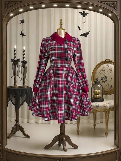 SHEIN Clasi Vestidos talla grande de la colección de estética gótica de academia "Wednesday Core Essentials" con detalles a cuadros (Estética de Wednesday)