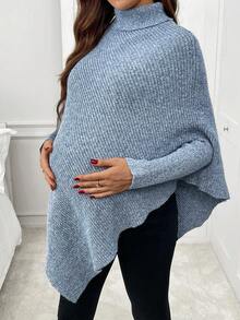 SHEIN 孕妇高领不对称下摆时尚针织套头衫