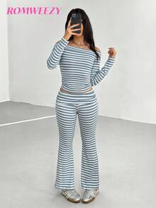 Teenage Girls' Casual Striped Transparent Shoulder Strap Off Shoulder Long Sleeve Top And Simple Knit Flare Pants, Spring/Autumn - Baby Blue - View 10