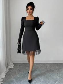 Elenzga Vestido elegante de mujer con cuello cuadrado, mangas abultadas y dobladillo de malla de unicolor - Negro - Ver 6