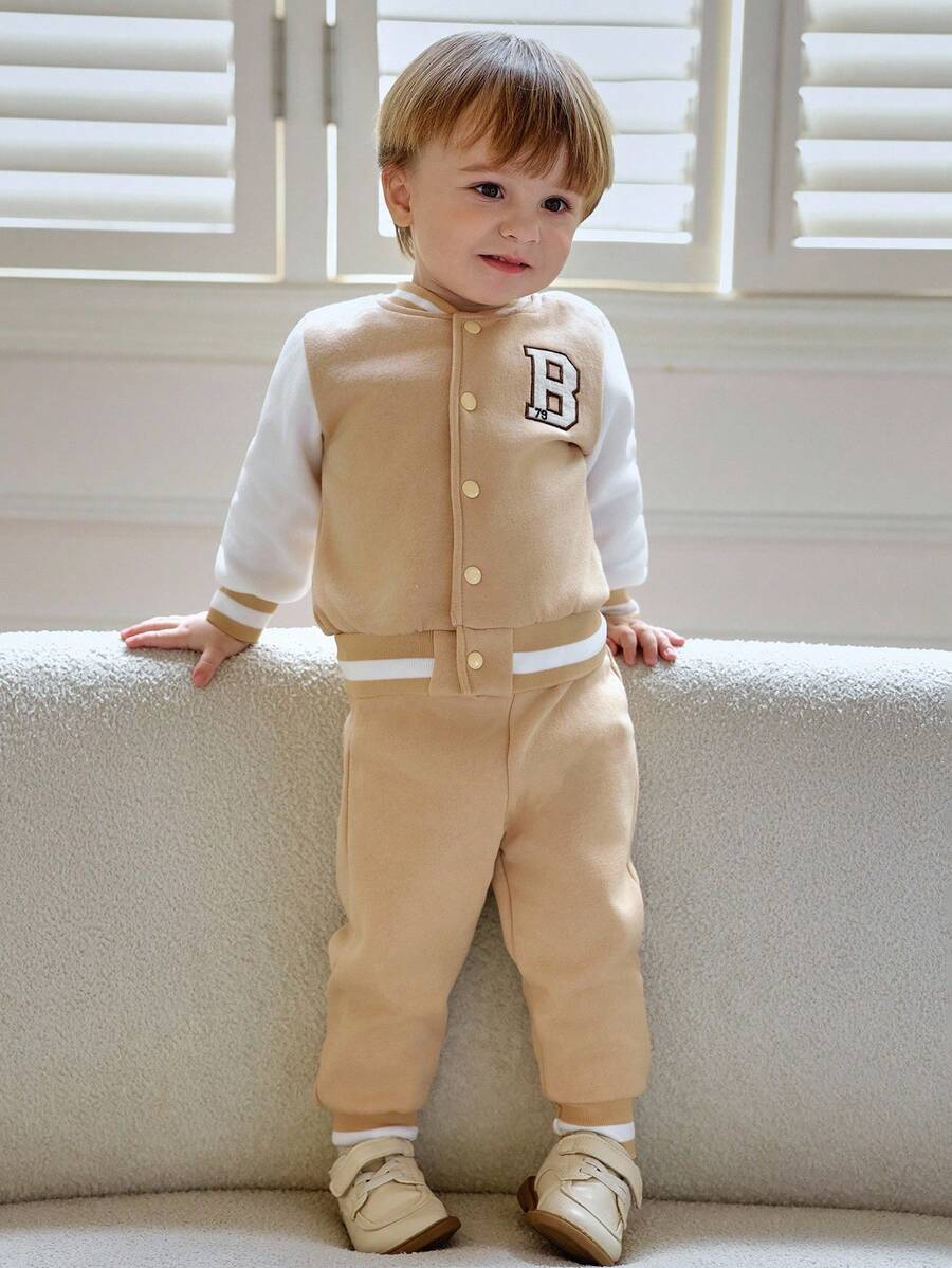 Souflis Souflis 2025 Autumn/Winter New Arrival Thickened Camel Baseball Jacket & Casual Pants Set, Toddler Boys Fall - Camel - View 1