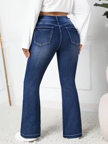 SHEIN PETITE CURVE Plus Size Women Blue Denim Flare Jeans - Dark Wash - View 2
