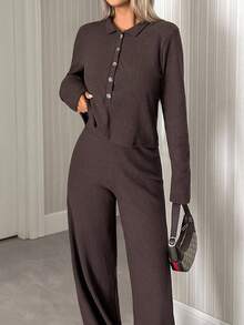 EURMUSE Women 2 Pieces Casual Long Sleeve Top And Pants Set - Brown - View 7