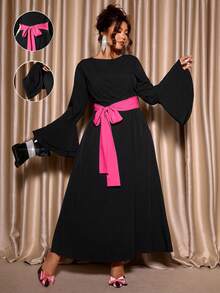 Cravure 大码优雅大码蝴蝶结喇叭袖连衣裙 - 黑色 - 查看 7