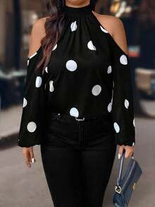SHEIN PETITE Petite Women's Classic Polka Dot Off-Shoulder Casual Long Sleeve Shirt - Black - View 3