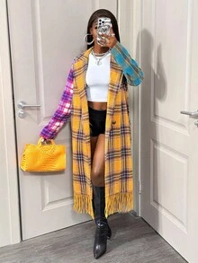 BamGleam 女士休闲长款格子流苏羊毛翻领大衣，秋冬 - 彩色 - 查看 1