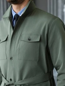 Manfinity CasualCool Men's Solid Color Front Button Casual Loose Design Green Trench Coat, Fall