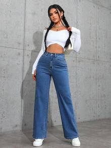 SHEIN PETITE 女士休闲水洗高腰牛仔裤 - 中等水洗藍 - 查看 6