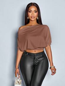 SOLERSUN Women's Solid Asymmetrical Neck Ruched Shoulder Tee - Mocha Brown - View 3