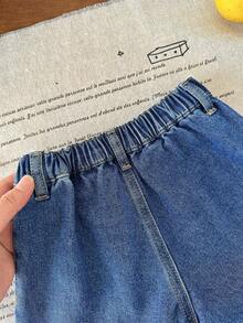 SHEIN 女婴可爱深蓝色牛仔保暖内衬宽松荷叶边裤，牛仔裤，秋季休闲时尚度假装 - 中等水洗藍 - 查看 7
