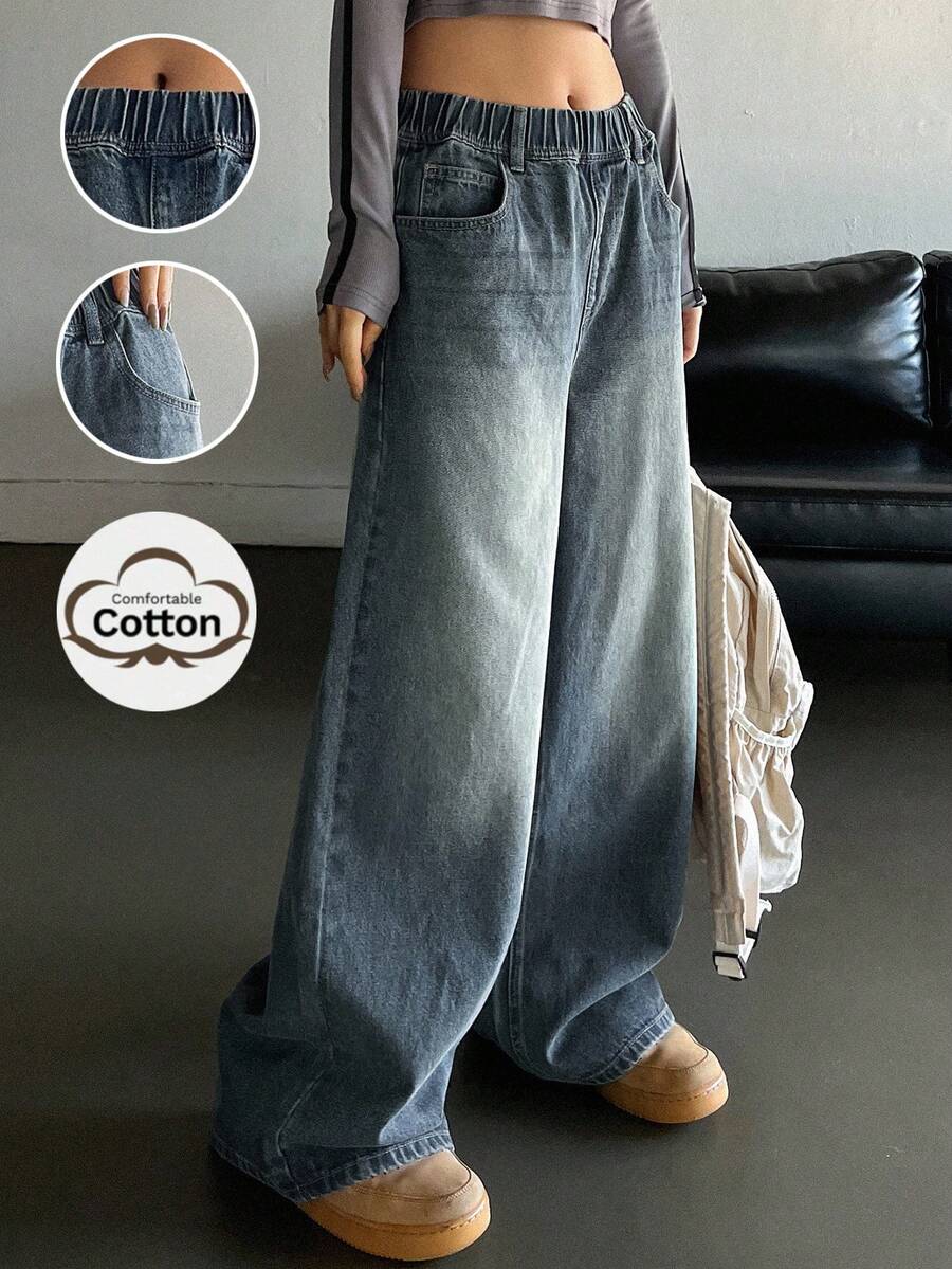 SHEIN Teen Girls Y2K Casual Comfortable Elastic Waist Low Rised Wide Leg Jeans,Baggy Jeans,Girls Fall Autumn Winter Clothes Outfits,Back To School Homecoming Outfits,Business Casual Outfits Girl,Streetwear Punk Clothes Outfits, Y2k Jeans, Baggy Jeans Women, Wide Leg Jeans Women, Loose Jeans, Baggy Jeans For Teen Girls