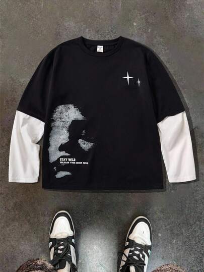 青少年男童休闲日常舒适印花拼布撞色袖圆领套头针织T恤