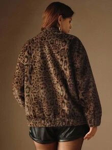 Anewsta Plus Size Women Leopard Print Beaded Padded Short Jacket, Autumn/Winter