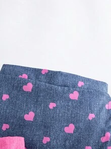 2件套女孩活力假期向日葵、爱心、笑脸仿牛仔印花不对称短裤，蓝色和粉色组合，适合夏季外出 - 彩色 - 查看 4