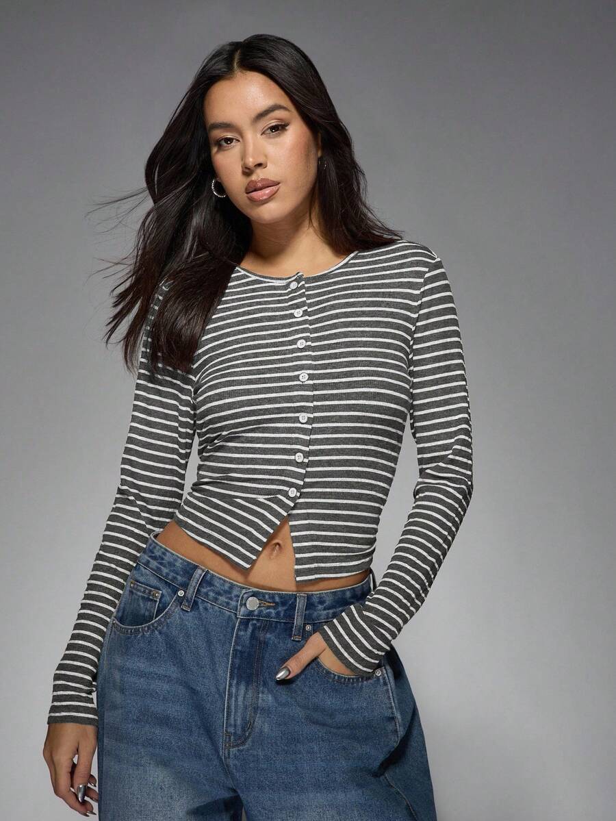 MISSGUIDED 纽扣前罗纹短款上衣长袖修身休闲秋冬基本款弹力现代时尚横条纹针织开衫 - 深灰色 - 查看 1