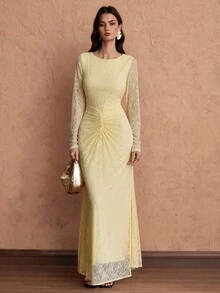 Islaluna Robe ajustée élégante en dentelle froncée pour femmes