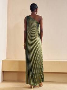 Zivah 2025秋季新款优雅派对优雅约会毕业季生日派对连衣裙聚会结婚季宴会性感宽松无袖一字肩单边高开衩亮面面料褶皱女长款绿色连衣裙-A - 綠色 - 查看 2