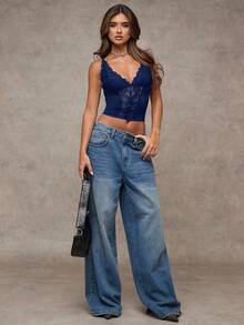 SHEIN BAE 女士黑色性感蕾丝多功能时尚单品束身胸衣性感背心，适合外出、约会、主题派对、音乐会、新年夜、圣诞派对等场合。 - 藏蓝色 - 查看 6