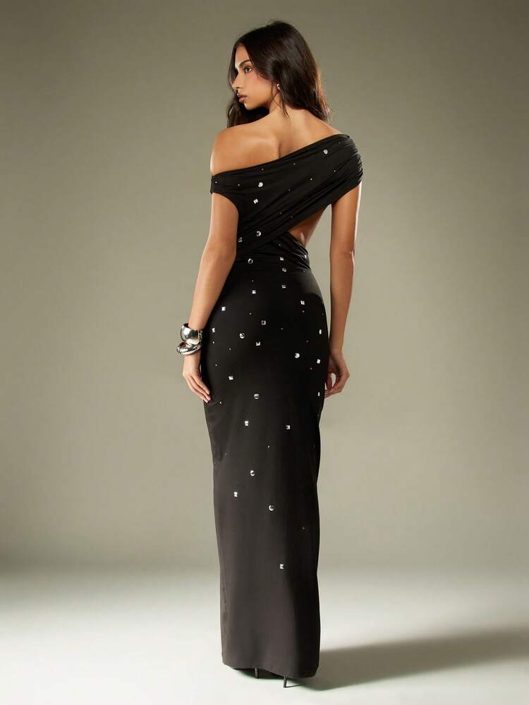 MISSGUIDED Off Shoulder Evening Gown Studded Bardot Cut Out Waist Long Dress Crystal Embellished Occasion Wear Floor Length Maxi Party Wedding Guest Formal Glamorous