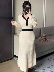 DAZY Gaun Sweater Patchwork Blok Warna Elegan untuk Wanita, Musim Gugur - Krem - View 9