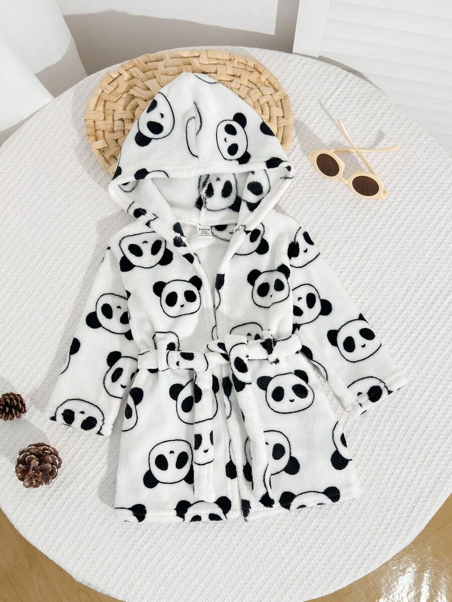 SHEIN Baby Boy/Girl Robe White With Black Polka Dots,Winter Cute Lounge Plush Hooded Thick Autumn Jacket,Infant Panda Bathrobe Newborn Panda Outfit Clothes - Multicolor - View 1