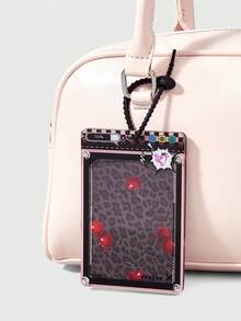 ROMWE Grunge Punk Leopard Print Cherry Card Holder, Student ID Card Case, ID Badge Holder, Instant Camera Frame Charm, Bag Charm, Keychain & Key Ring - Brown - View 3