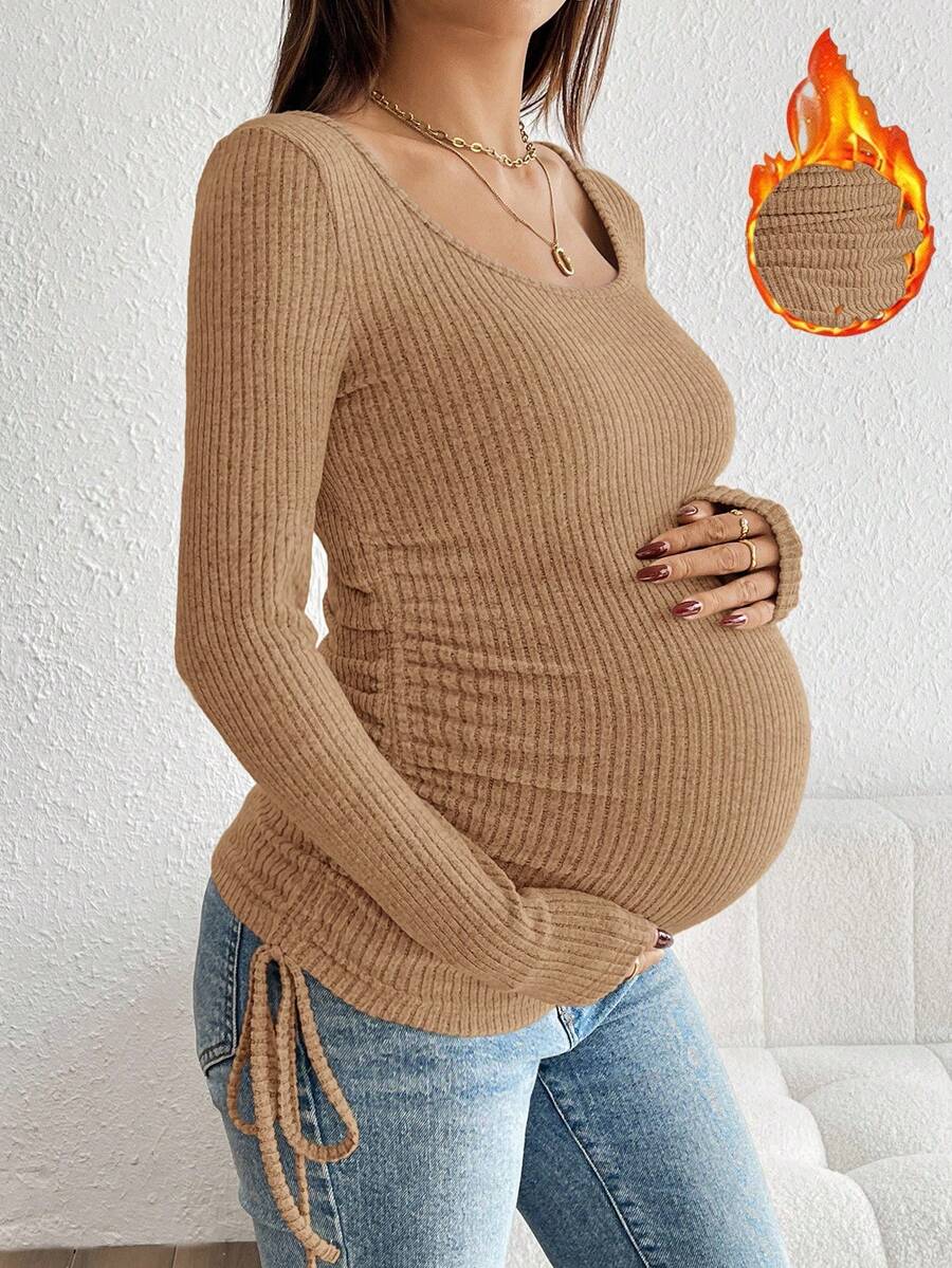 SHEIN Drawstring Ruched Maternity Solid Color Long Sleeve Casual T-Shirt Maternity Top Pregnancy Top Pregnancy Shirt Maternity Clothes Maternity Shirt - Coffee Brown - View 1