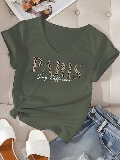 EMERY ROSE Women's Paris Leopard Print Letter Graphic Fitted V-Neck Short Sleeve T-Shirt, Suitable For Summer
