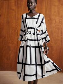 Lumivelle Green Women's Elegant Minimalist Geometric Pattern Waist Cinched Loose Flared Dress - Multicolor - View 5