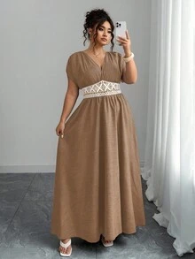 Elenzga Plus Size Women's Casual Maxi Dress With Waist Embroidery, Paisley Print, Bohemian V-Neck, Ruched Shoulder, Cinched Waist, Slimming, Elegant For Outing, Afternoon Tea, Party, Daily, Vacation