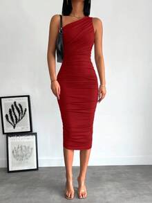 EURMUSE Elegant Commuter Solid Color Ruched Fitted Dress - Red - View 3