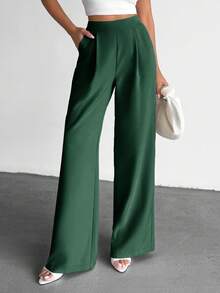 EURMUSE 女士纯色高腰褶皱阔腿宽松休闲裤，适合上班 - 墨綠色 - 查看 5