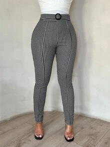 SHEIN SXY 女士时尚商务休闲格子紧身裤 - 黑與白 - 查看 6
