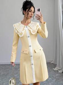 Modelyn 女式撞色蕾丝单排扣修身长袖优雅连衣裙 - 黃色 - 查看 3