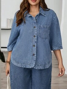 EMERY ROSE Plus Size Solid Color Casual Long Sleeve Denim Shirt,Travel, Commuting, Party, Vacation, Old Money Style, Shopping, Banquet, Elegant, Party, Date,Winter,Fall ,Autumn,Halloween,Christmas ,New Year,Thanksgiving, Party - Blue - View 7