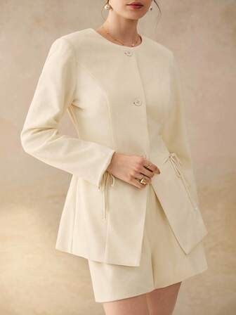 Cévolie 女士新款秋冬法式领结羊毛夹克和高腰阔腿短裤套装