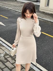 Streecool Teen Girls Knit Ribbed Solid Color Dress, Metal Button Decor, French Retro Collar, Puff Lantern Sleeves, High Waist, Suitable For Casual, Commute, Vacation In Spring And Autumn Fall Winter - Apricot - View 5