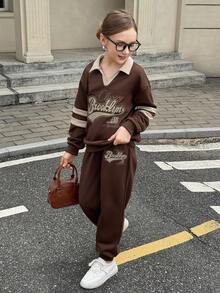 2 peças Camiseta de Manga Longa com Gola Polo e Bloco de Cores com Estampa de Letra + Calça de Cor Sólida para Meninas, Conjunto Esportivo Casual Adequado para Uso Diário, Volta às Aulas, Esportes na Primavera e Outono - Marrom Claro - Visão 3