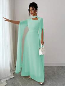 Elenzga 女士优雅法式浪漫度假风沙滩裙，雪纺透明面料，镂空领口，后背交叉系带，喇叭长裙，长袖，开衩袖口，适合下午茶、派对、中东风格、春夏季 - 薄荷綠 - 查看 5