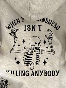 SHEIN 女士休闲印花抓绒落肩卫衣 - 淺灰色 - 查看 5