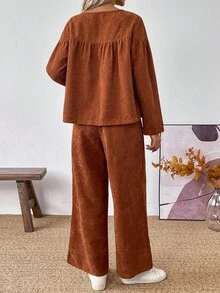 SHEIN LUNE 女士褶皱宽松纯色长袖上衣T恤和直筒灯芯绒裤，适合日常生活、聚会、通勤、秋冬季 - 棕色 - 查看 2