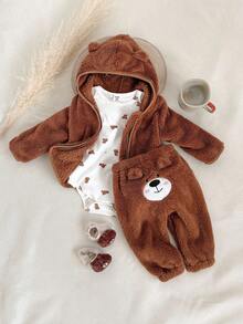SHEIN 3 件套男婴可爱棕熊耳朵连帽夹克、熊印花露肩连体衣和棕色毛茸茸裤子休闲装，适合户外玩耍或舒适的家居穿着，百搭冬季套装 - 棕色 - 查看 6