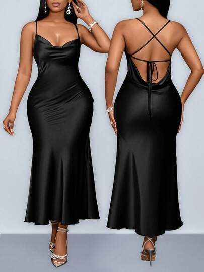 SOLERSUN Plusstorlekar damkläder Hängande halsringning, strumpebandshållare, svängkrage, fickkrage, låg midja, korsad öppen rygg, fiskbensstjärt, lång grön matchagrön klänning, sexig och elegant festklänning, systrar aftonklänning, damklänning maxi satin damoutfit / våroutfits för kvinnor bröllopsgästklänning kvinnor konsertoutfit kvinnor