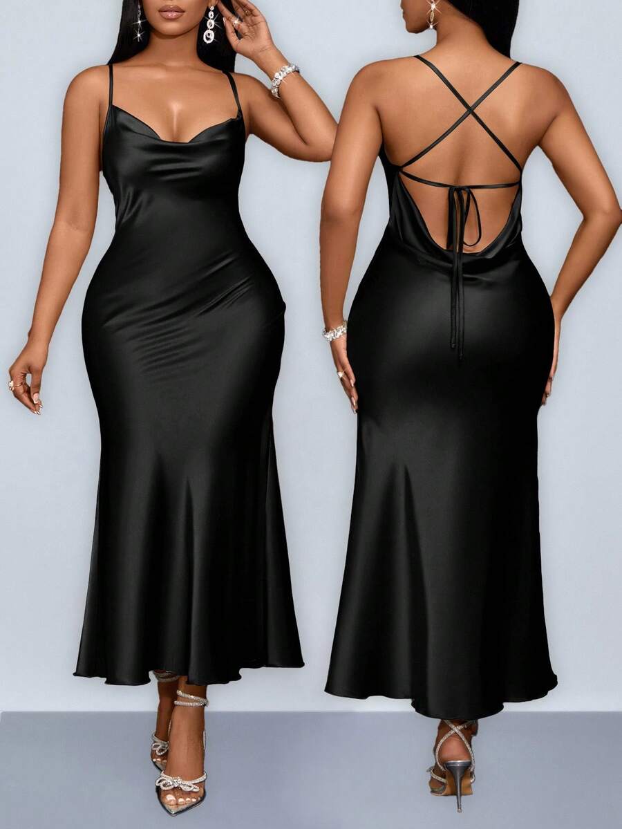 SOLERSUN Quần áo nữ cỡ lớn Cổ treo, Dây đeo, Cổ áo xòe, Cổ áo có túi, Cạp thấp, Hở lưng chéo, Đuôi cá, Váy dài màu xanh lá cây Matcha, Váy dự tiệc gợi cảm và thanh lịch, Váy dạ hội chị em, Váy dài bằng vải satin cho nữ Trang phục mùa xuân cho phụ nữ Váy dự tiệc cưới cho phụ nữ Trang phục hòa nhạc cho phụ nữ - màu đen - Xem 1