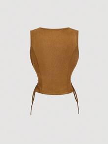 SHEIN MOD 女士复古绒面交叉带背心 - 卡其色 - 查看 3