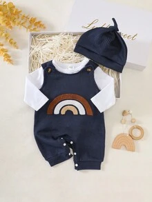 SHEIN Newborn Male Baby White Long Sleeved Shirt Paired With Navy Blue Sleeveless Rainbow Embroidered Jumpsuit And Hat, Autumn New Fabric Comfortable And Innovative Style Fall Winter - Multicolor - View 4
