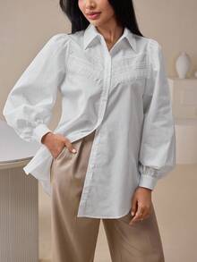 Veilorie Women's Solid Color Patchwork Fringe Lantern Sleeve Single-Breasted Casual Loose Shirt - White - View 3