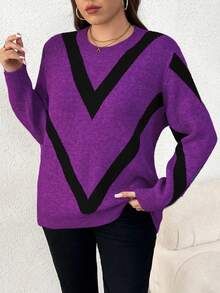 Elenzga Plus Size Women Casual Fashionable Slimming Round Neck Long Sleeve Jacquard Knit Pullover Sweater, Autumn/Winter - Purple - View 3