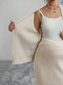 Momance Maternity Solid Color Drop Shoulder Long Sleeve Single-Breasted Knit Cardigan And Adjustable Waist Knit Midi Skirt Casual Suit, Autumn